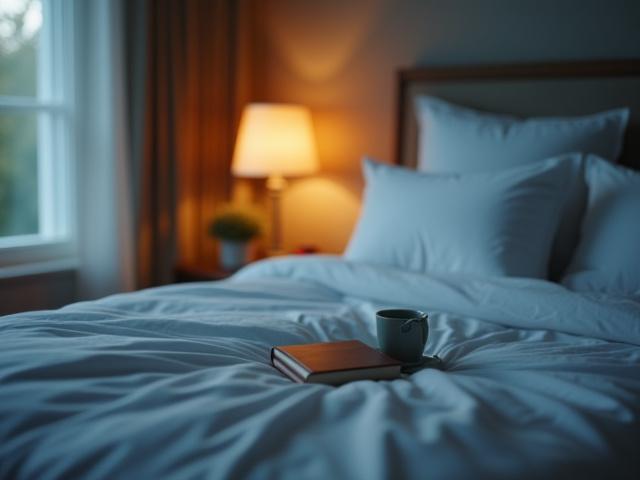 Peaceful bedroom setting with soft lighting focusing on a comfortable bed, suggesting good sleep hygiene.