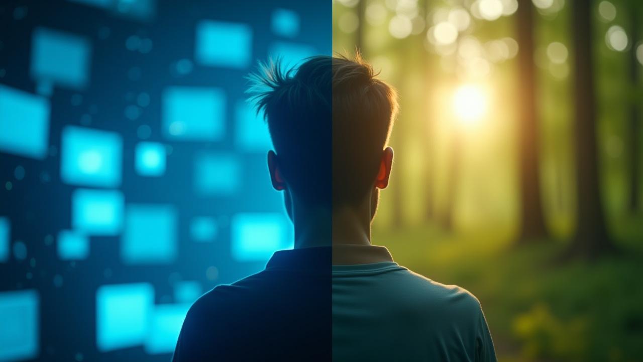 A visual metaphor showing a split scene: on the left, a person overwhelmed by blue-lit screens and chaotic digital notifications; on the right, the same person serene and calm in warm, natural light, enjoying a tech-free moment outdoors.