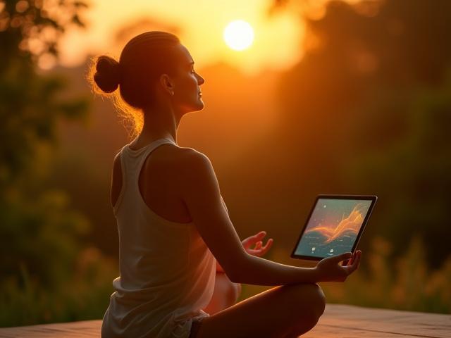 Woman practicing yoga outdoors with a tablet displaying wellness data, illustrating the integration of physical activity and digital insights.