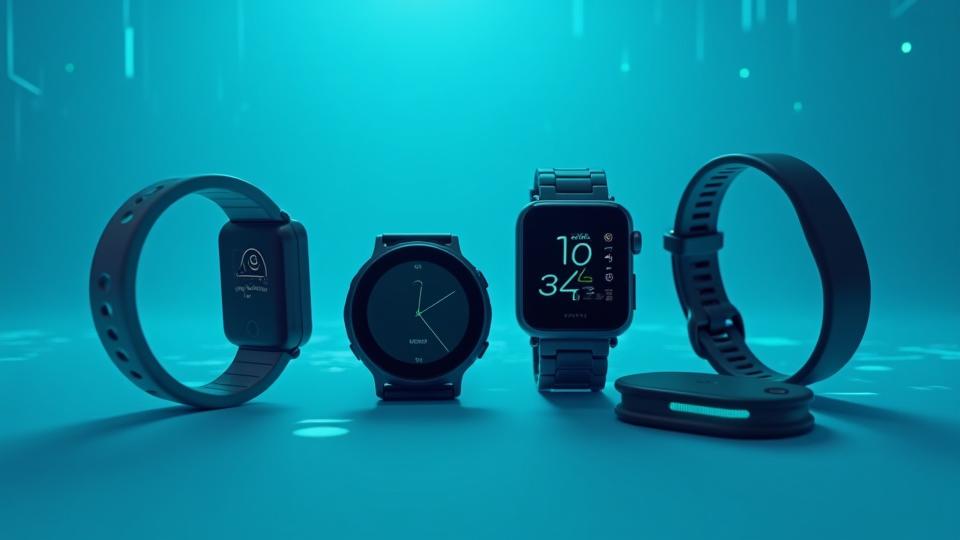 A dynamic collage of modern wearable health devices including an Oura Ring, Apple Watch, Garmin Fenix, and WHOOP band, subtly glowing against a tech-inspired background.